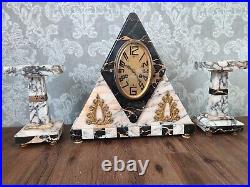 Antique French Black & Pink & Gold Marble Art Deco Mantel Clock with Garnitures