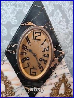 Antique French Black & Pink & Gold Marble Art Deco Mantel Clock with Garnitures