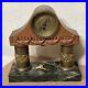 Antique German Brass & Marble Portico Mantle Clock With Rose Decor Art Deco