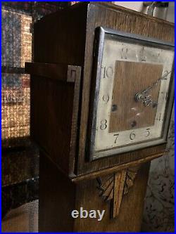 Antique Grandmother Clock England Art Deco Quartersawn Oak Curved Glass Floor