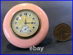 Antique Guilloche Enamel Boudoir Travel Clock c1920 Working Perfectly Peach Pink