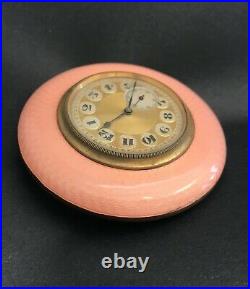 Antique Guilloche Enamel Boudoir Travel Clock c1920 Working Perfectly Peach Pink