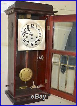Antique Junghans Art Deco Brass Caming Bevel Glass Westminster Chime Wall Clock