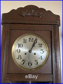 Antique Junghans Regulator German Key Wind Wall Clock 1919 Art Deco 2 Tone Wood