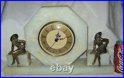 Antique Lg Art Deco Gerdago Pixie Lady Marble Statue Bust Bookends Mantel Clock