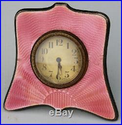 Antique Pink Enamel Sterling Silver. 925 Table Shelf Mantle Clock Swiss Art Deco