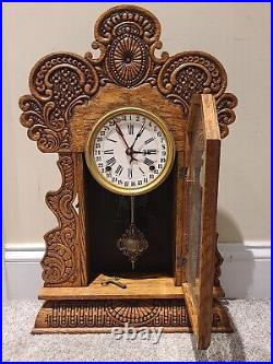 Antique Restored 19th C. INGRAHAM Carved Oak'Calendar' Gingerbread Mantel Clock