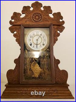 Antique Sessions Clock Co. Carved Oak Gingerbread Parlor Mantel Clock c. 1890
