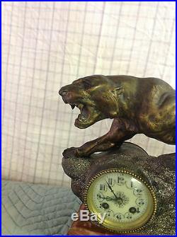 Antique Thomas Francois Cartier Signed Spelter Snarling Panther Sculpture Clock