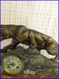 Antique Thomas Francois Cartier Signed Spelter Snarling Panther Sculpture Clock
