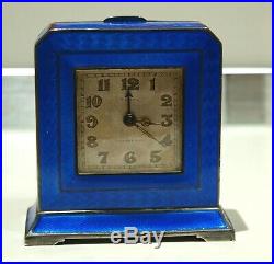 Antique Tiffany & Co Sterling Silver Blue Guilloche Enamel Travel Clock Art Deco