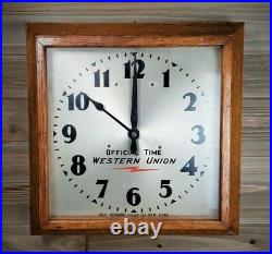 Antique Western Union Wall Clock, Self Winding Clock Co, Art Deco Oak Wood Case