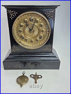 Antique Working 1882 ANSONIA Victorian Fancy Dial Black Iron Mantel Shelf Clock