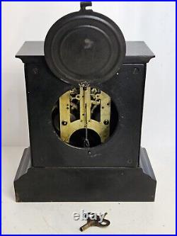 Antique Working 1882 ANSONIA Victorian Fancy Dial Black Iron Mantel Shelf Clock