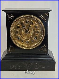 Antique Working 1882 ANSONIA Victorian Fancy Dial Black Iron Mantel Shelf Clock