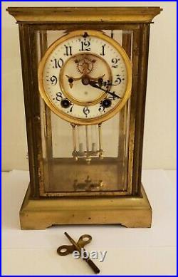 Antique Working ANSONIA Brass & Glass Open Escapement Crystal Regulator Clock