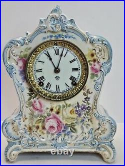 Antique Working ANSONIA La Clair Royal Bonn Victorian Porcelain Mantel Clock