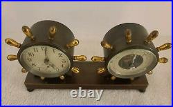 Antique Working CHELSEA Claremont Bronze Ships Wheel Clock & Barometer Desk Set