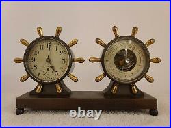 Antique Working CHELSEA Claremont Bronze Ships Wheel Clock & Barometer Desk Set
