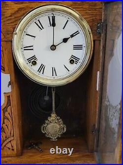 Antique Working NEW HAVEN'Cunard' Oak Gingerbread Parlor Mantel Shelf Clock