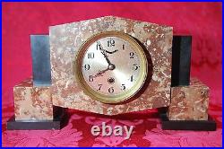 Art Deco 1930's Red Black Marble Mantel Clock Winding with Key Signed YGL/31 14