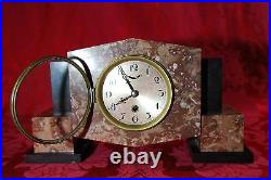 Art Deco 1930's Red Black Marble Mantel Clock Winding with Key Signed YGL/31 14