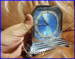 Art Deco 8 day Swiss Blue Guilloche Enamel Clock 1920 Very Rare
