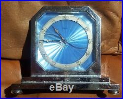 Art Deco 8 day Swiss Blue Guilloche Enamel Clock 1920 Very Rare