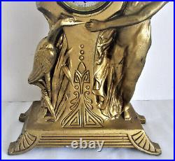 Art Deco Analog Painted Lead Mantel Clock with Woman and Crane