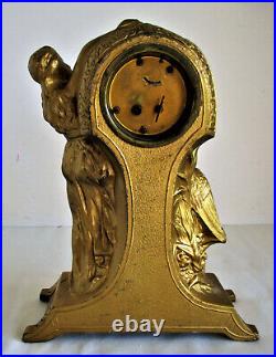 Art Deco Analog Painted Lead Mantel Clock with Woman and Crane