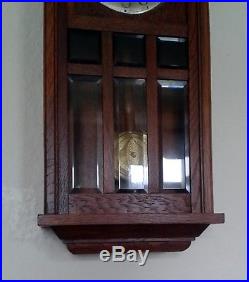 Art-Deco Antique Wall Clock-Running & Chiming Lovely Oak Bevelled Glass. Pics