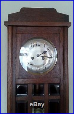 Art-Deco Antique Wall Clock-Running & Chiming Lovely Oak Bevelled Glass. Pics