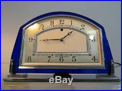 Art Deco Blue Acrylic & Chrome Smiths Electric Mantel Clock 1930s Working