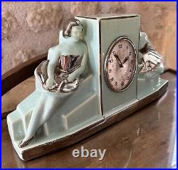 Art Deco Ceramic Clock Odyv Duck Egg Blue & Chrome Ballerinas Mantel 1930s