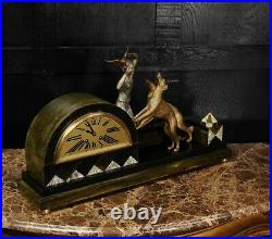 Art Deco Clock Girl, Bird and Dogs by Pierre Sega and Japy Freres