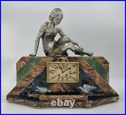 Art Deco Clock Lady and Birds Sculpture By Uriano