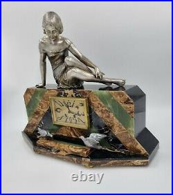 Art Deco Clock Lady and Birds Sculpture By Uriano
