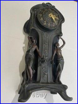 Art Deco Clock Nouveau Female Nude Figurine Statue Mid Century Bronze Finish