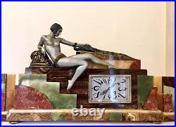 Art Deco Clock Nude Lady With Peacock Sculpture