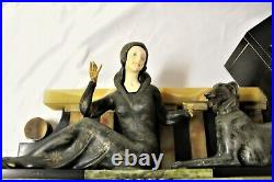 Art Deco Clock, Original, Girl with a dog, Spelter and Ivorine hands and face
