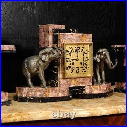 Art Deco Clock Set Elephants French C1925 Fully Working