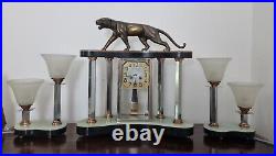 Art Deco Clock Set With Lamps And Bronze Panther Sculpture By Hugues