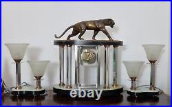 Art Deco Clock Set With Lamps And Bronze Panther Sculpture By Hugues