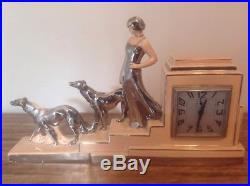 Art Deco French Ceramic Clock ODYV, Lady With Greyhounds C1930