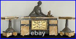 Art Deco French Figural Garniture Mantle Clock Antique Sculpture Marble Egyptian