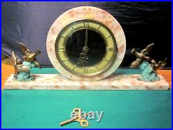 Art Deco (French) Marble Mantel Clock with two matching Birds garnitures. Works
