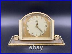 Art Deco German JUNGHANS Desk Top Mantel Clock Faceted Glass Front White Enamel