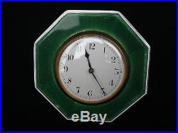 Art Deco Guilloche Green Enamel Sterling Silver 8-Day Swiss Clock c. 1925 Working