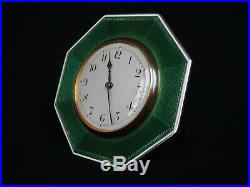 Art Deco Guilloche Green Enamel Sterling Silver 8-Day Swiss Clock c. 1925 Working