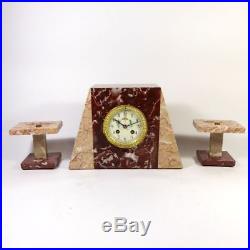Art Deco Kaminuhr Tischuhr Buffetuhr Marmor mit Beisteller Pendule Clock